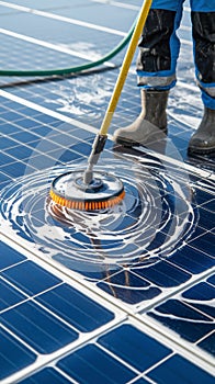 Worker Cleaning Solar Panels with a Scrubber Brush with Copy-Space photo