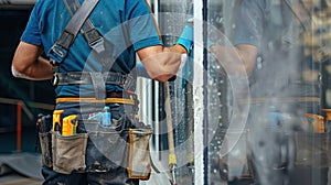 The construction worker cleaning window.AI generated image