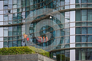 Worker cleaning windows service on high rise building