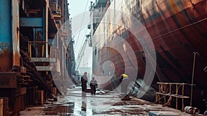 Worker cleans the hull of an old ship from rust. Vessel renovation.