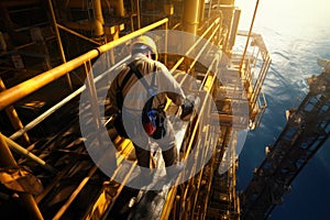 worker climbing ladder on board of offshore oil rig