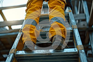 Worker climbing ladder in protective boots