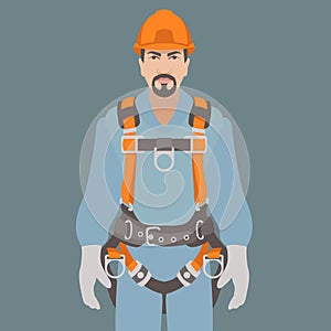 Worker climbing safety belt vector illustration flat