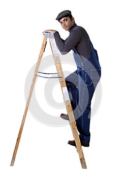 Worker climbing step ladder