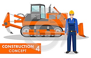 Worker concept. Detailed illustration of workman and dozer in flat style on white background. Heavy construction machine