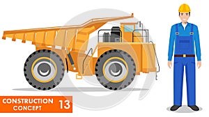 Worker concept. Detailed illustration of workman, driver, miner, builder and off-highway truck in flat style on white background.