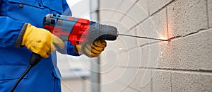The worker at the construction site is busy drilling the concrete wall
