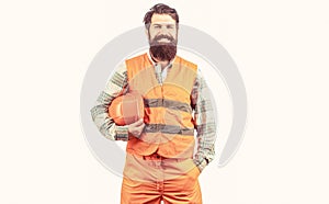Worker in construction uniform. Man builders, industry. Builder in hard hat, foreman or repairman in the helmet. Bearded