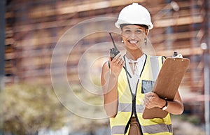 Worker, contractor or technician talking, radio and checklist with construction project. Engineering woman, happy