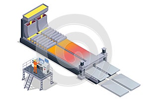 Worker controlling metal melting in furnaces. Isometric industrial steel production and metallurgy. Hot steel pouring in