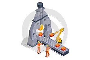 Worker controlling metal melting in furnaces. Isometric industrial steel production and metallurgy. Hot steel pouring in