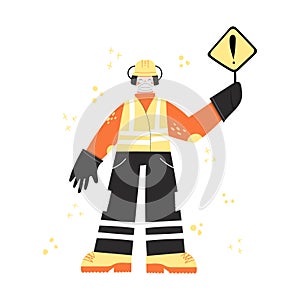 Worker during covid 19 pandemic with danger sign