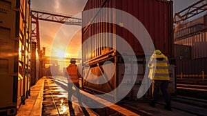 Worker with Crane lifting up container in container yard at sunset. Generative AI