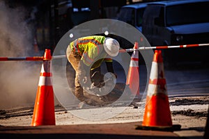 Worker cut concrete on street during construction