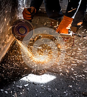 Worker cuts a metal pipe with sparks