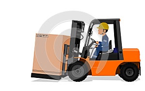 A Worker is delivering the big paper container by the Forklift truck on transparent background