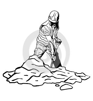 A worker digs a hole in the ground. Vector illustration.