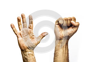 Worker dirty hands, open palm and fist