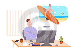 Worker dreaming vacation. Office employee at computer think about weekend relax, business man on break dream thinking to