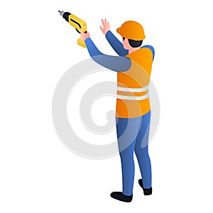 Worker with drill icon, isometric style