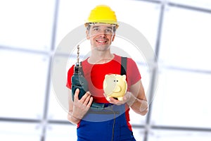 Worker with drill and piggy bank