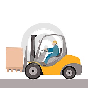 Worker driver of a forklift loader vector illustration flat