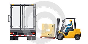 Worker driving a forklift loading merchandise into a refrigerated truck. Fork lift truck driving safety. Security First. Cargo and