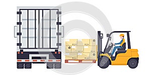 Worker driving a forklift loading a pallet with stacked boxes to a refrigerator truck. Industrial storage and distribution of