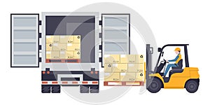 Worker driving a forklift loading a pallet with stacked boxes to a refrigerator truck. Industrial storage and distribution of