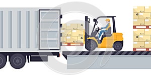 Worker driving a forklift loading a pallet with stacked boxes to a refrigerator truck. Industrial storage and distribution of