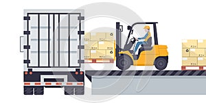 Worker driving a forklift loading a pallet with stacked boxes to a refrigerator truck. Industrial storage and distribution of