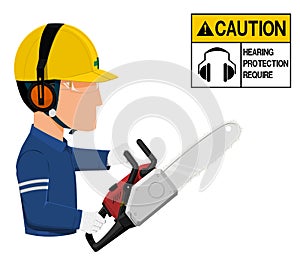 A worker with earmuffs is using chain saw on transparent background
