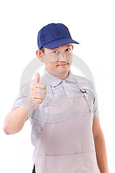 Worker, employer with thumb up hand gesture