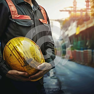 Worker engineer ensures construction safety, holding hard hat helmet