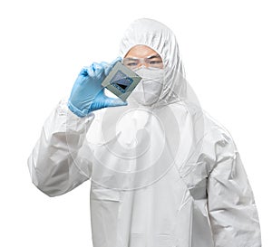 Worker or engineer wears medical protective suit or coverall suit with chipset