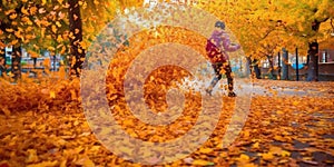 A worker equipped with a powerful leaf blower battles a wave of colorful fallen leaves overwhelming the playground