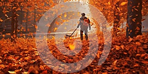 A worker equipped with a powerful leaf blower battles a wave of colorful fallen leaves overwhelming the playground