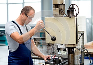 Worker in factory using drill machine