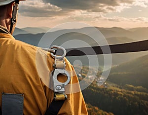 Worker fall arrest device with safety belt hooks. Work on high-altitude equipment.