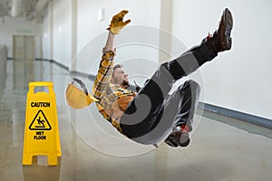 Worker Falling on Wet Floor