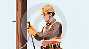 Worker fixing electrical line on a utility pole