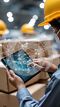 Worker focuses on tablet while scanning barcodes in warehouse, managing documents and tracking cargo efficiently