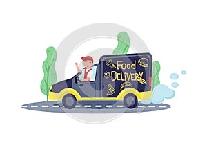 Worker of food delivery service driving truck and waving hand. Courier in working uniform. Flat vector design