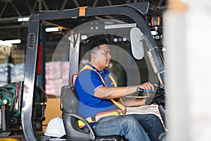 Worker on forklift, Manual workers working in warehouse, Worker driver at warehouse forklift loader works