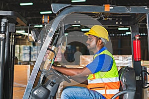 Worker on forklift, Manual workers working in warehouse, Worker driver at warehouse forklift loader works