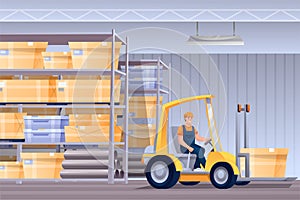 Worker in forklifter tractor cartoon character. Handymen loading cardboard boxes. Storehouse employee using forklifter