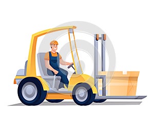 Worker in forklifter tractor cartoon character. Handymen loading cardboard boxes. Storehouse employee using forklifter