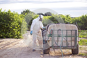 Worker fumigating plantation of lemon trees in Spain