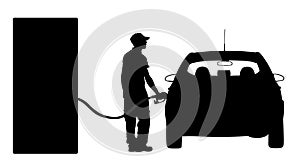 Worker on gas station fill the machine with fuel silhouette. Car fill with gasoline. Gas station pump. Man filling gasoline