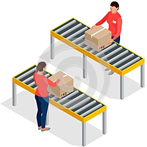 Worker goods packaging with boxes at packing line in factory. Workers In Warehouse Preparing Goods For Dispatch. Flat 3d photo